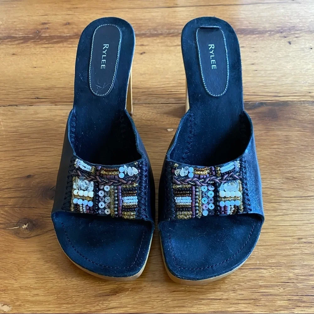 Rylee Leather Beaded Wood Heel Boho Chunky Heel Slides SZ 8.5 in Black - Picture 1 of 10